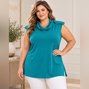 Sympli Convoy Funnel Neck Top Women 18 Teal Gem Sleeveless NWT Made Canada 21220